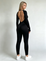 Combinaison une pièce sans couture pour femme à manches longues et découpe au dos, 90 % nylon 10 % élasthanne, pour entraînement, yoga, gym, fitness et sport