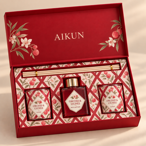 Aikun Low MOQ Quick Turn E Seller 100ml Square Glass Reed Diffuser Candle Set Red Box Foil Logo Any Scent Long Lasting for <b>Gifts</b> - Product Image 3