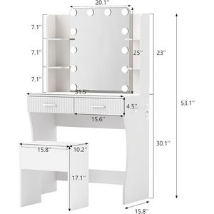 Tocador Pequeño para Dormitorio con Espejo y Luces, Mesa de Maquillaje Blanca con Estación de Carga, 2 Cajones y 4 Estantes Abiertos - Product Image 6