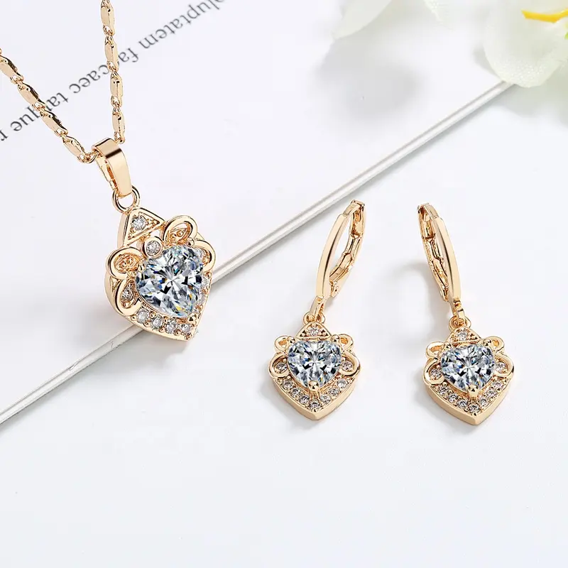 Fashion Luxury Women Wedding Pendant Earrings Necklace Sets 18K Gold Plated Bridal Zircon Jewelry Sets