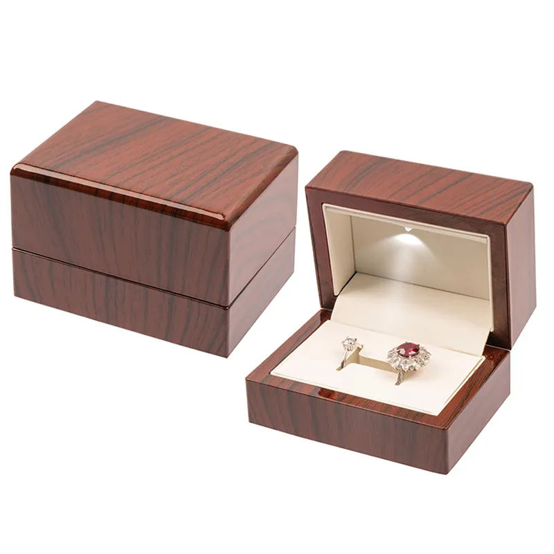 लकड़ी लकड़ी के गहने सगाई की अंगूठी के साथ Cufflink बक्से पैकेजिंग बॉक्स का नेतृत्व किया एलईडी प्रकाश के लिए अंगूठी/उपहार भंडारण