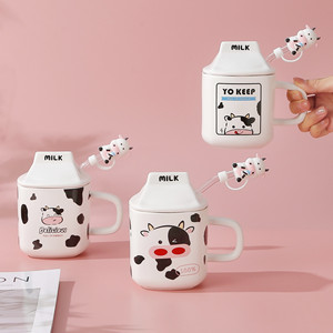 Cute Cow <b>Ceramic</b> <b>Mug</b> with Lid and Straw Creative Milk Bottle Shape Coffee Cup Kawaii Animal Breakfast Cup for Kids - Product Image 1
