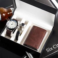 Fashion jam tangan kulit pria, Set hadiah mewah, dompet kulit, jam tangan Quartz, Set gelang