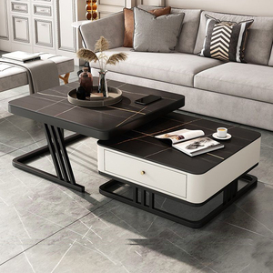 Set di Tavolini da Caffè Moderni di Lusso in Marmo <span class=keywords><strong>e</strong></span> Legno Nero, Design in <span class=keywords><strong>Vetro</strong></span> con Struttura in Metallo Estensibile Multifunzione per Soggiorno - Product Image 6