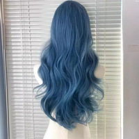 Wig Sintetis Cosplay Biru Bergelombang Panjang Desain Baru untuk Wanita, Wig Tanpa Lem HD untuk Cosplay, Rambut Kepang Tahan Panas, Wig Rambut Manusia