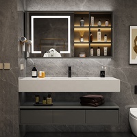 Meuble de salle de bain personnalisé avec miroir LED intelligent, double vasque en céramique, armoire murale en MDF, finition cuivre, prix usine, style moderne