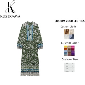 Vestido Casual Holgado de Manga Larga con Cuello Redondo y Cordones con Estampado Floral Vintage para <span class=keywords><strong>Mujer</strong></span>, <span class=keywords><strong>Moda</strong></span> Primavera Verano, Vestidos Midi - Product Image 1