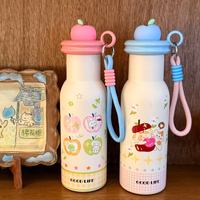 Botella de Agua Aislada al Vacío con Tapa en Forma de Manzana de 500 ml, Vaso de Acero Inoxidable con Estampado de Dibujos Animados, Termo Portátil con Cordón