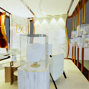 Armoire de présentation en <span class=keywords><strong>verre</strong></span> luxueux avec cadre doré, éclairage LED, forme d'arc, dimensions personnalisables et résistante - Product Image 3