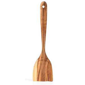 Hand crafted custom logo smooth long handle kitchen teak wooden spatula for cooking