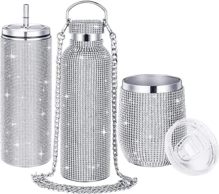 Women bling vacuum tumbler insulated stainless teel thermal glitter rhinestone drink bottle with chain