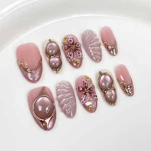 Luxury Handmade 3D Carved French Press On Nails Metallic Cat Eye High Quality False Nails For Dating Formal Occasion - Product Image 3