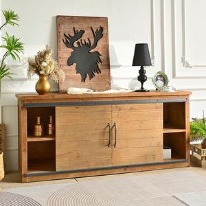 Meuble TV rustique en bois fait main avec porte coulissante et rangement, finition antique, pour salon - Product Image 3