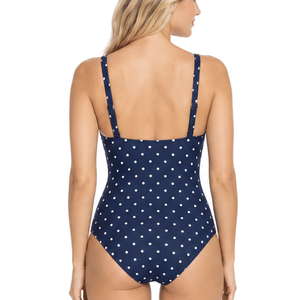 Traje de baño de una pieza para mujer, azul marino con lunares, cuello halter cruzado, parte delantera retorcida, cintura alta y control de abdomen - Product Image 2