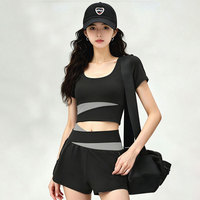 Ensemble de yoga taille haute pour femme, avec haut à manches courtes et coussinets de poitrine, coutures contrastées, anti-transparence, pour la course et le fitness, deux pièces, taille XL