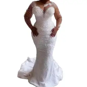 2023 Luxury Long Sleeve African Mermaid Wedding Dress with Detachable Train Plus Size Lace Applique Crystals Beaded bridal Dress