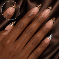 Faux ongles à presser motif léopard et zèbre, style stiletto, avec pointe française et clous dorés, marque privée, vente en gros