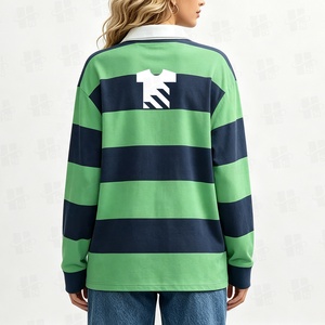 Custom Wholesale <strong>Lady</strong> Clothing Color Block Stand Collar <strong>Long</strong> <strong>Sleeve</strong> Button <strong>Polo</strong> Digital Print Stripe <strong>Polo</strong> <strong>Shirt</strong> for Women - Product Image 4