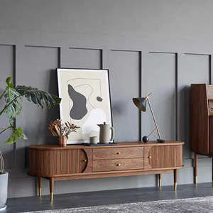 Meuble TV Chuangchen en bois massif style américain, couleur noyer noir, vintage, simple, moderne, luxe léger, porte accordéon, pour salon - Product Image 1