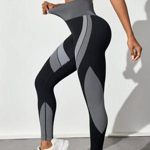 Pantalones de <span class=keywords><strong>Yoga</strong></span> de cintura alta <span class=keywords><strong>para</strong></span> <span class=keywords><strong>mujer</strong></span>, mallas deportivas transpirables sin costuras con bloques de colores, rayas negras largas ajustadas sólidas - Product Image 1