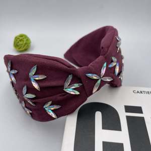 ربطات رأس مارون مطرزة بالخرز من حجر الراين للنساء والفتيات عقال مخملي أحمر قماش عمامة - Product Image 2