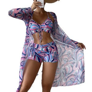 2025 traje de baño de mujer europea y americana de tres piezas de cintura <span class=keywords><strong>alta</strong></span> de manga larga conjunto Smock Sexy Bikini al por mayor - Product Image 3