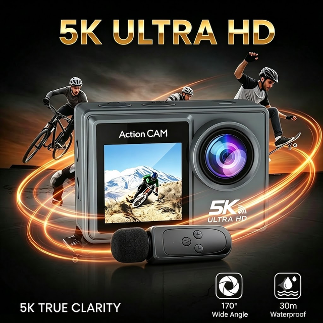 Ausek Best 5K 30FPS 4K 60FPS Sports Action Camera Dual Screen Touch Selfie WiFi 30M Waterproof Stablization Vlogging Camera