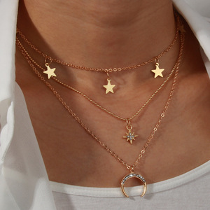 Collier superposé pour femmes, pendentif étoile et lune dorés, chaîne de clavicule, bijoux multi-couches tendance pour un usage quotidien - Product Image 2