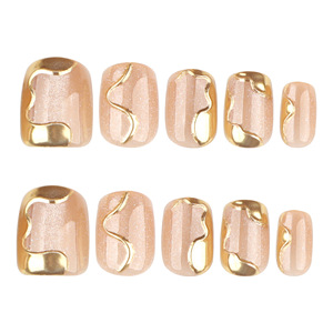 <span class=keywords><strong>Faux</strong></span> ongles naturels moyens ovales nude <span class=keywords><strong>beige</strong></span> avec paillettes dorées, à presser, avec bordure ondulée dorée 3D, pointes d'ongles artificielles brillantes - Product Image 2