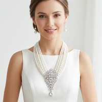 Parure de bijoux de luxe vintage en fausses perles multicouches, collier et boucles d'oreilles, avec pendentif goutte d'eau en strass étincelant, en argent