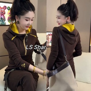 Hooded T-Shirt Color Blocking Half Zip Long Sleeve Top Women Autumn Winter Sweater Knitted Sweatshirt Brown Black - Product Image 3