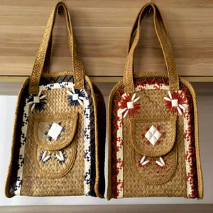 Sac fourre-tout en paille tressée avec broderie, style bohème, ouverture supérieure, usage quotidien, toutes saisons, fait main, fermeture éclair en coton pour femme - Product Image 1