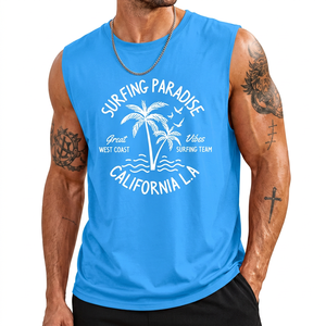 Surfing Paradise California LA Débardeur sans manches pour homme, noir, imprimé, col rond, décontracté, vêtements de plage, polyester tricoté - Product Image 5