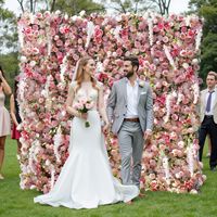 Mur de fleurs artificielles de luxe en soie simulée, roses et hortensias roses, pour mariage en extérieur - Fait main pour jardin