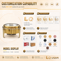 Plat à chafing dish rond en acier inoxydable LQ Wholesale Gold avec couvercle en verre, poignée en boucle, alimentation au combustible et plaque chauffante électrique 6L pour hôtel
