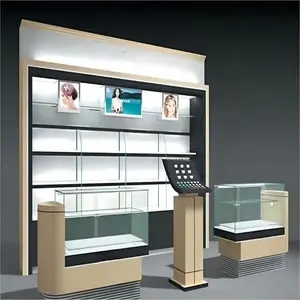 Custom Wooden Wall Cosmetic Glass Shelves Display Cabinet Black Gold Makeup Display Wall Showcase