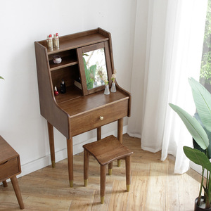 Nordic Solid Wood Dressing <b>Table</b> Walnut Color With <b>Mirror</b> Storage Bedroom <b>Vanity</b> And Stool Set - Product Image 3