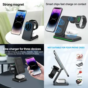 Multiple Wireless Chargers 15W Magnetic Portable Foldable 3 In 1 Desktop Wireless Charger Station For Iphone Iwatch Airpods