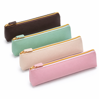 Étui à crayons fin en cuir PU, pochette triangulaire pour stylos, fermeture éclair dorée, sac de papeterie minimaliste pour étudiants et bureau, couleur unie, 4 couleurs