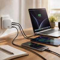 Chargeur rapide compatible 65W Gan double port USB-C PD 3.0 pour téléphones portables, ordinateurs portables, tablettes, appareils photo et montres connectées, adaptateur secteur UK