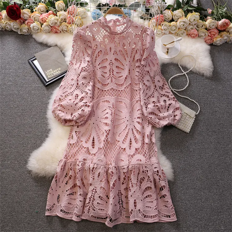 Spring Full Sleeve O-Neck Solid Lace Casual Dress Women High Waist Puff Sleeve Ruffles Midi A-Line Dress Ladies Elegant Dresses