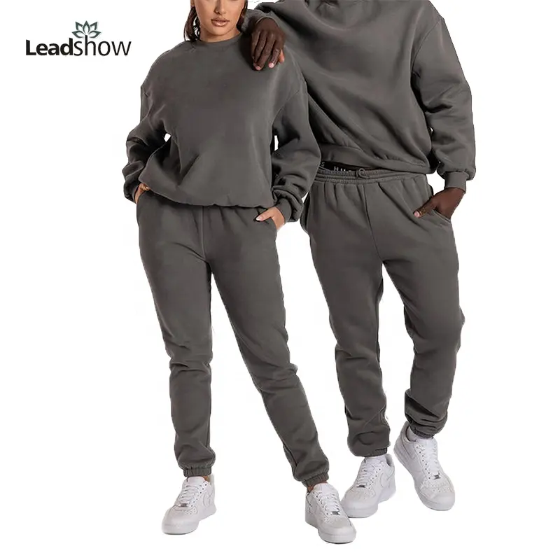 عالية الجودة مخصص القطن للجنسين عادي Crewneck المتضخم Sweatsuits 2 قطعة مجموعة زائد حجم فارغة ركض الرياضية رياضية