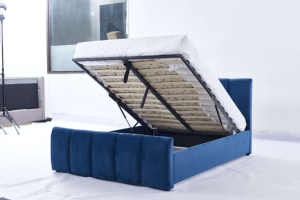 Luxueus Marineblauw Fluwelen Gestoffeerd Platform Gas Opgetild Bed Met Kanaal Getuft Hoofdeinde - Product Image 3
