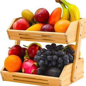 Double Layer Bamboo Storage <b>Basket</b> For Kitchen Fruit <b>Vegetables</b> <b>Standing</b> Type Rectangle Shape Natural Wood Color - Product Image 3