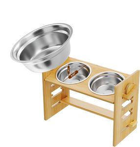 Köpekler kediler besleyici için fabrika doğrudan satış ayarlanabilir bambu yükseltilmiş köpek paslanmaz çelik çanaklar ile kedi maması standı tutucu - Product Image 1