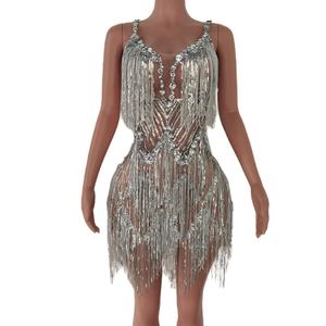 Sexy senza maniche con frange paillettes Festival di musica di cristallo abbigliamento Performance di scena abito da ballo <span class=keywords><strong>donna</strong></span> Sexy corto Club Party - Product Image 1