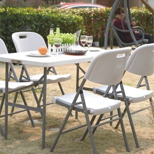 Modern Durable Outdoor Folding Portable Plastic & Steel Commercial Oblong Dining <b>Table</b> White+Green for School & Hotel Use - Product Image 6