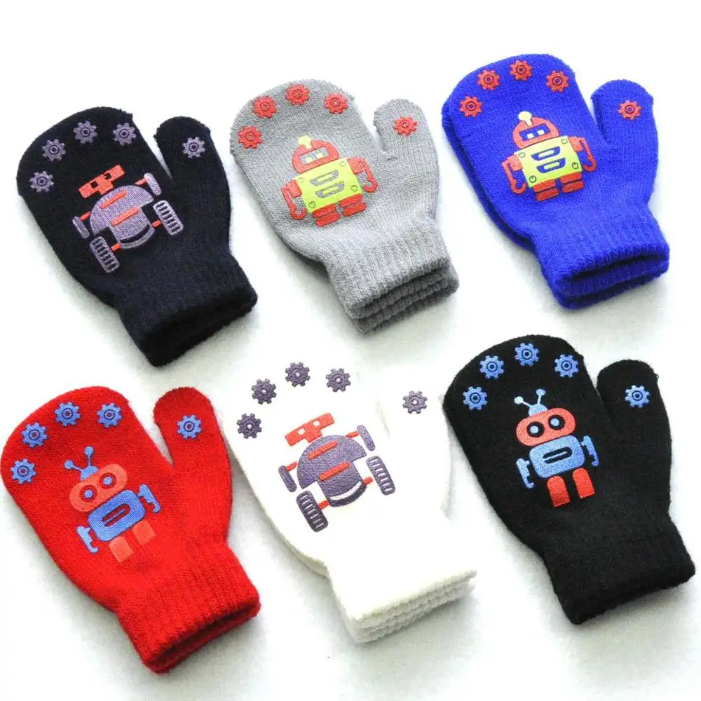 Kinderen warm en koud proof handschoenen in winter schattige kleine robot patroon afdrukken antislip gebreide kinderen Handschoenen