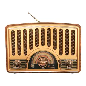 Rádio recarregável de madeira retrô, rádio recarregável multibanda vintage com reprodutor de mp3 e ranhura de lâmpada azul para dentes R-1927BT