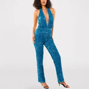 Custom Sequined Evening Gown Jumpsuit V-Neck Empire Waistline Sweep Fashion Lady Clothes Women's Clothing Summer